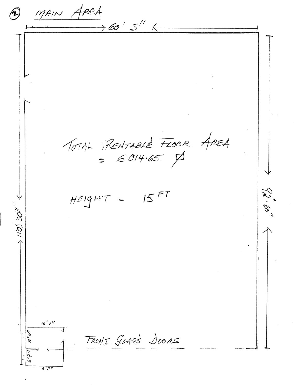Main area plan showing 60 feet 5 inches by 92 feet 6 inches and 15 foot ceiling height